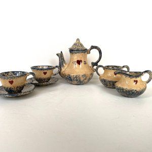 Vintage Miniature Stoneware Spongeware Tea Set Blue Red Heart Heritage Valentine